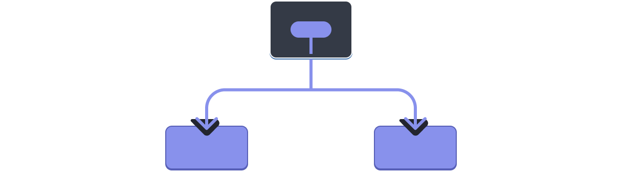 Un diagramme avec une arborescence de trois composants. Le parent contient une bulle représentant un valeur surlignée en violet. La valeur est transmise à ses deux enfants, toutes deux surlignées en violet.