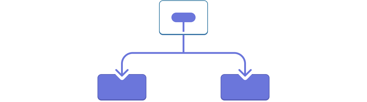 Un diagramme avec une arborescence de trois composants. Le parent contient une bulle représentant un valeur surlignée en violet. La valeur est transmise à ses deux enfants, toutes deux surlignées en violet.