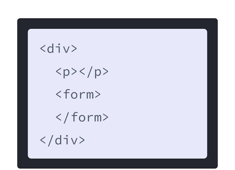Du balisage HTML sur un fond mauve, contenant une div et deux balises enfants : p et form.